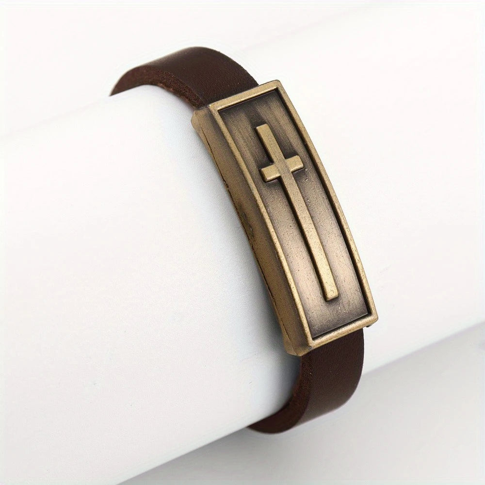 Pulsera de Cuero con Cruz Vintage