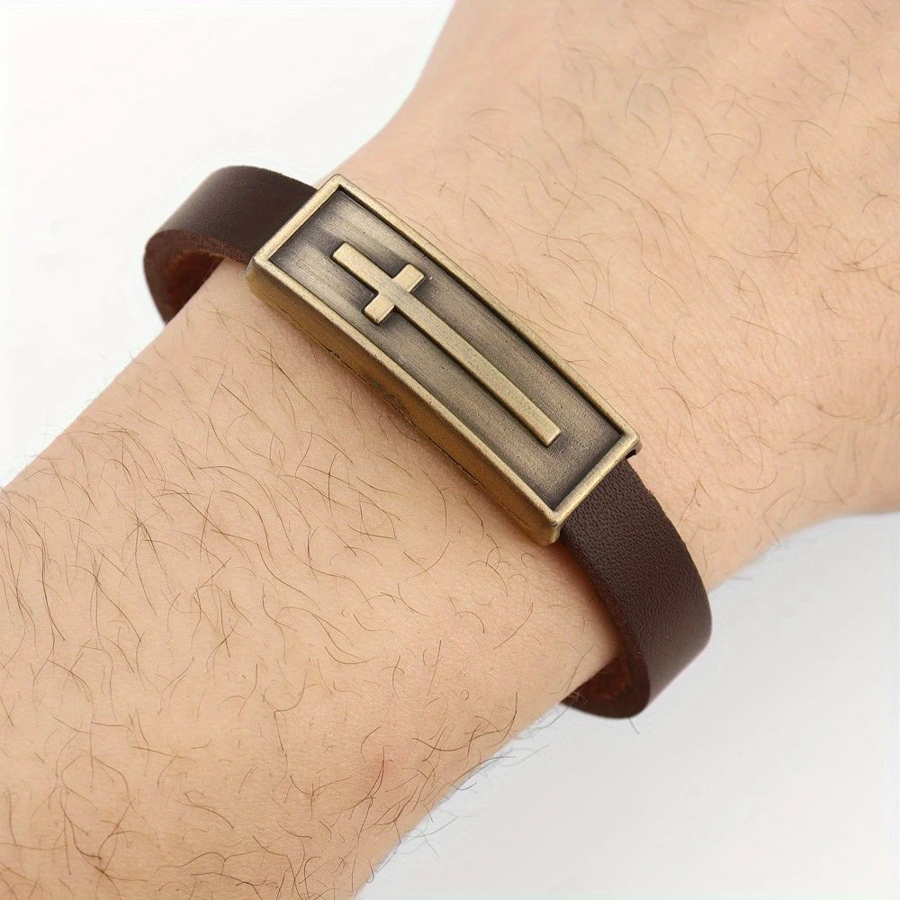 Pulsera de Cuero con Cruz Vintage