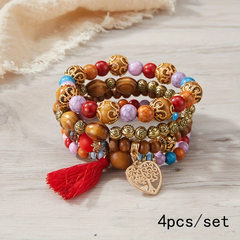 Set de 4 Pulseras Boho con Cuentas de Madera y Corazón