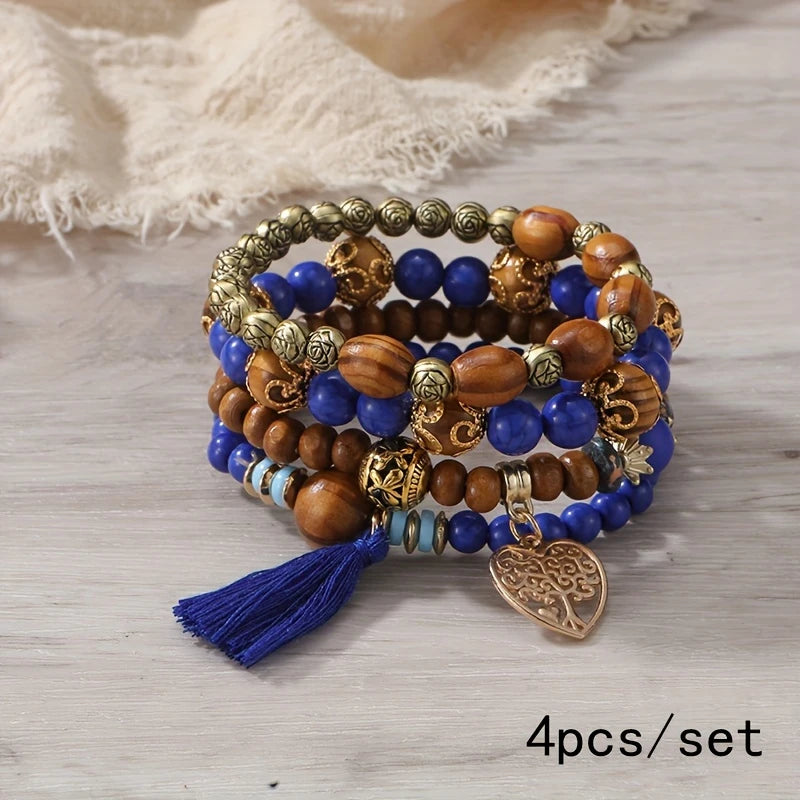 Set de 4 Pulseras Boho con Cuentas de Madera y Corazón