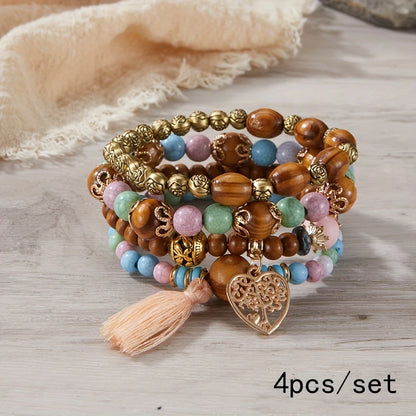 Set de 4 Pulseras Boho con Cuentas de Madera y Corazón