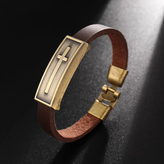 Pulsera de Cuero con Cruz Vintage