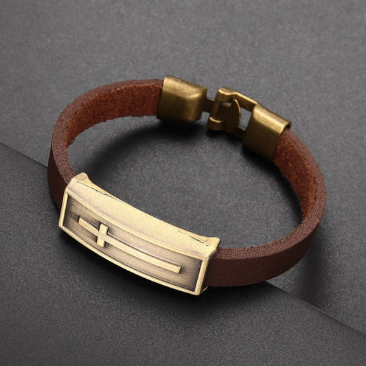 Pulsera de Cuero con Cruz Vintage
