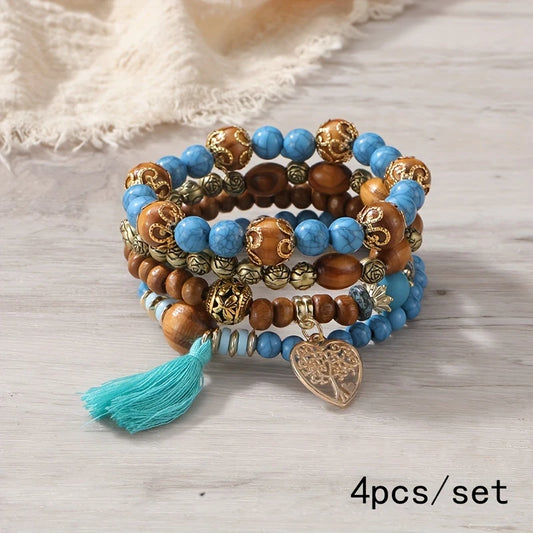 Set de 4 Pulseras Boho con Cuentas de Madera y Corazón