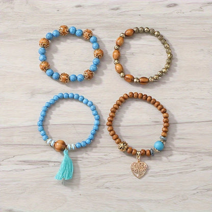 Set de 4 Pulseras Boho con Cuentas de Madera y Corazón